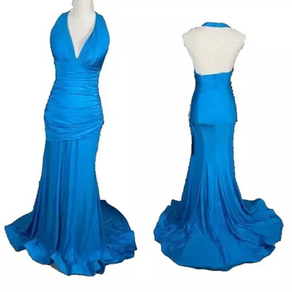 JVN By Jovani Hot Blue Satin Halter Dress Prom
